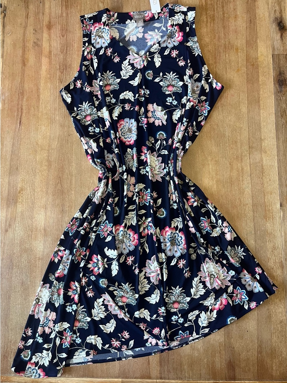 Chico's Navy Asymmetrical Floral Dress with Pink and Cream Flowers Size 3